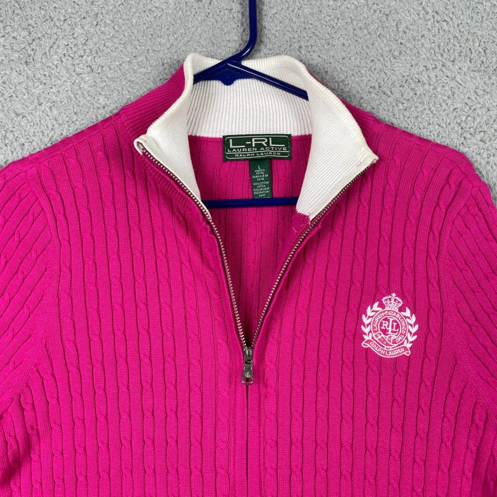 Lauren Active Ralph Lauren Full Zip Sweater Womens Large Pink Cable Knit Crest - Picture 3 of 11